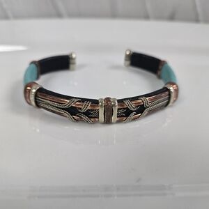 Teal Leather & Braided Copper Adjustable Cuff Bracelet By HPSliver